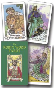 picture of Robin Wood tarot box and three sample cards: Strength, King of Cups, and Queen of Cups