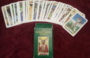 photo of Robin Wood Tarot spread out with box