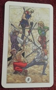 photo of the 5 of Wands from the Robin Wood tarot