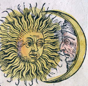 Old line drawing of sun and moon figures