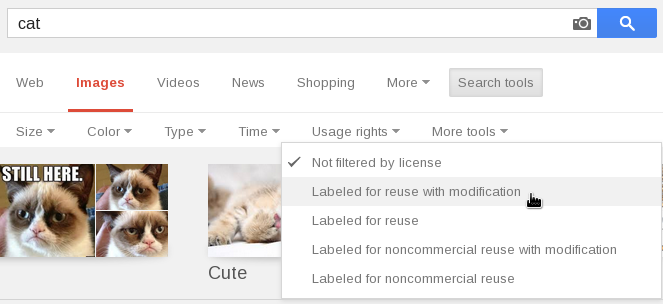Screenshot: selecting 'Labeled for reuse with modificaiton' in Google image search