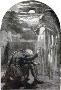 ink drawing of Hamlet kneeling before the ghost of his father