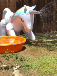 Photo of an inflatable unicorn fountain spraying water from its horn