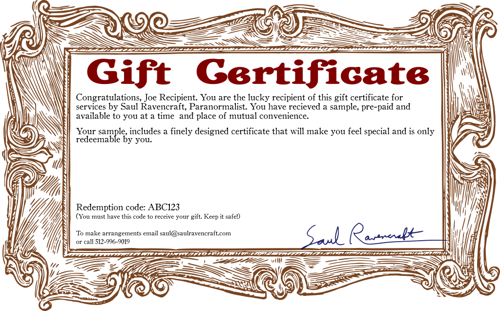 Picture of a gift certificate with a generic name and description